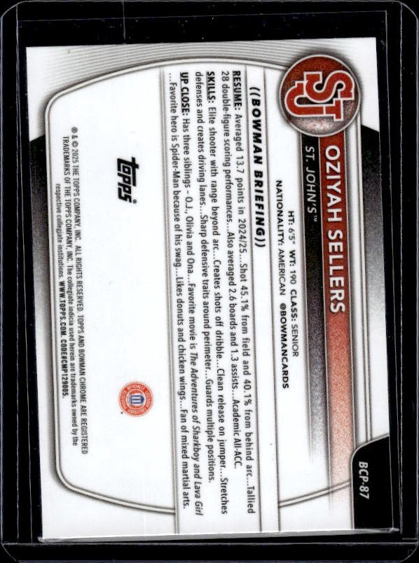 2025-26 Bowman #BCP-87 Oziyah Sellers Chrome Prospects