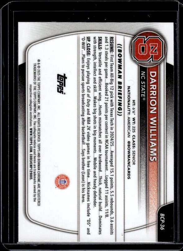 2025-26 Bowman #BCP-36 Darrion Williams Chrome Prospects