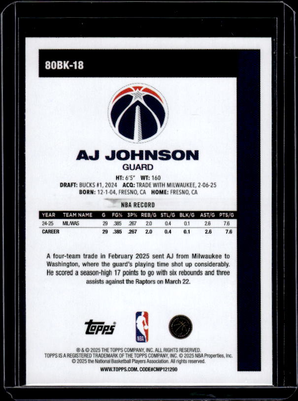 2025-26 Topps #80BK-18 AJ Johnson 1980-81 Topps Basketball Green Holo Foil #/99