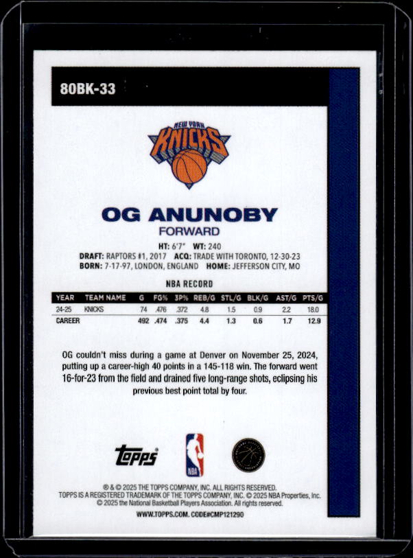 2025-26 Topps #80BK-33 OG Anunoby 1980-81 Topps Basketball Pink Holo Foil