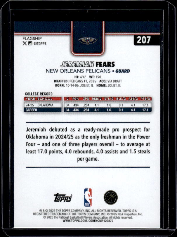 2025-26 Topps #207 Jeremiah Fears