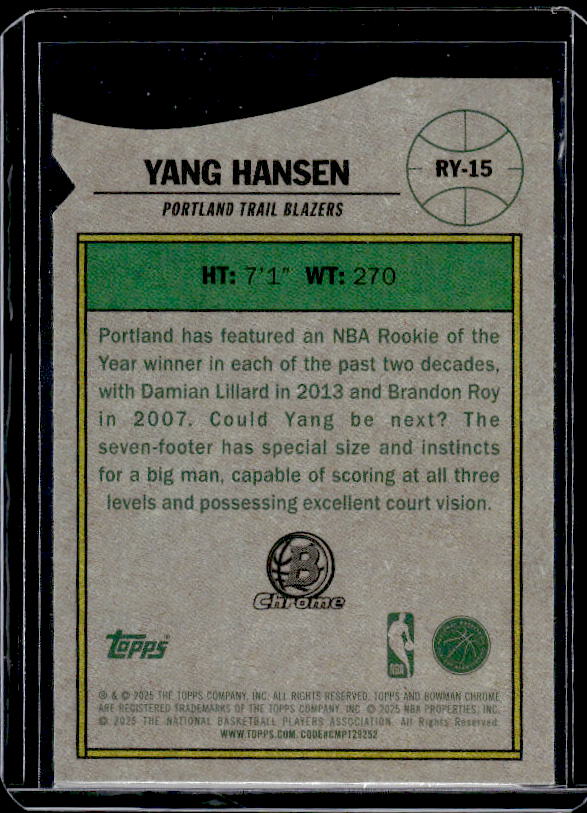 2025-26 Bowman #RY-15 Yang Hansen Rookie of the Year Favorites