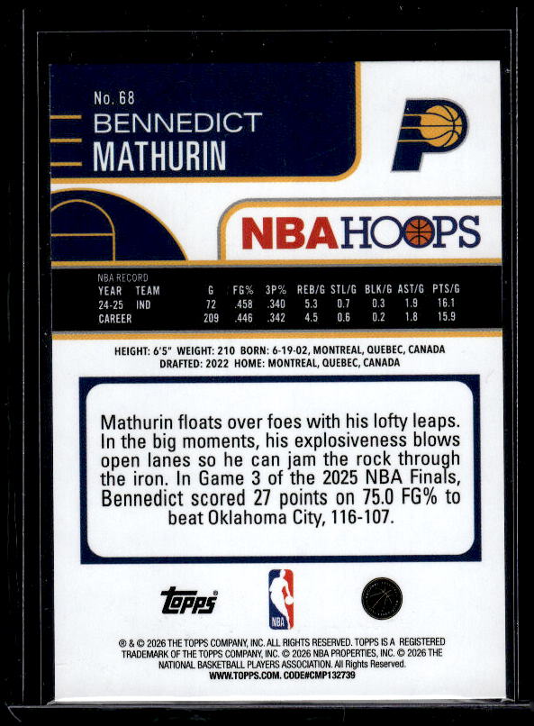 2025-26 Hoops #68 Bennedict Mathurin