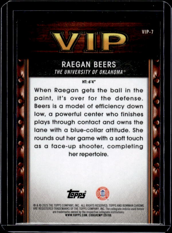 2025-26 Bowman #VIP-7 Raegan Beers Very Important Prospects Fuchsia #/199