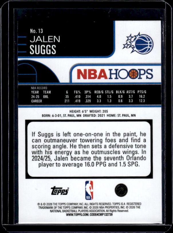 2025-26 Hoops #13 Jalen Suggs Fanatics