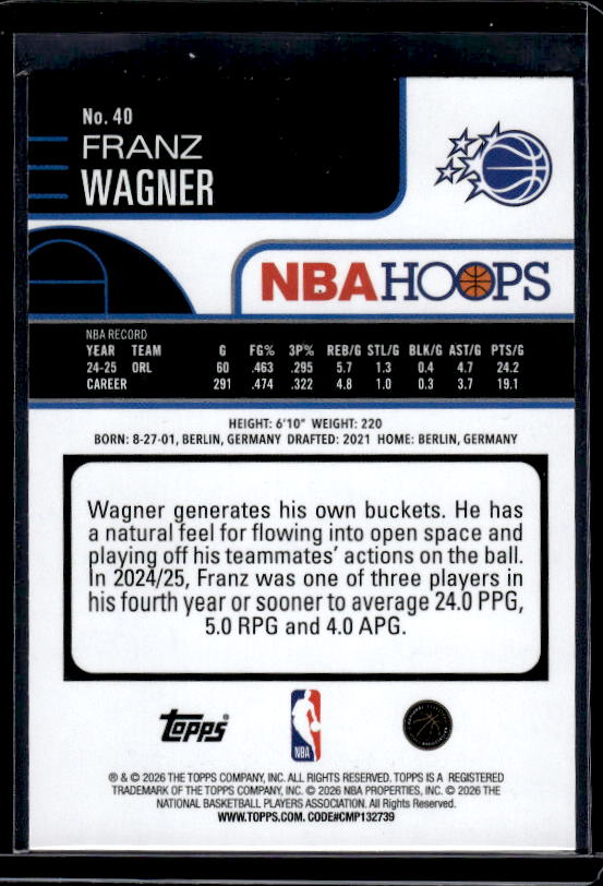 2025-26 Hoops #40 Franz Wagner Rainbow