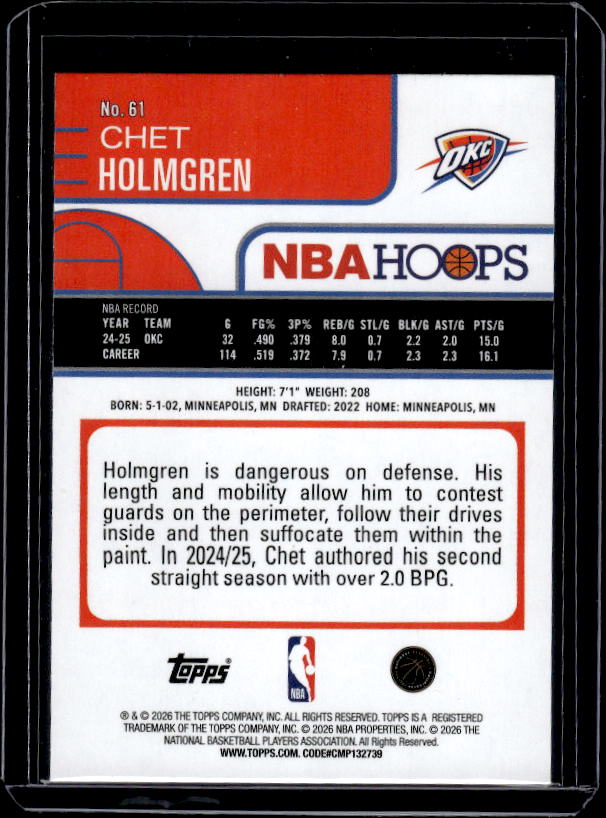 2025-26 Hoops #61 Chet Holmgren Pixel Burst