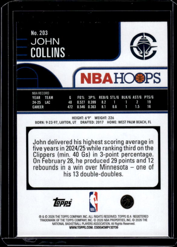 2025-26 Hoops #203 John Collins Green Hoops