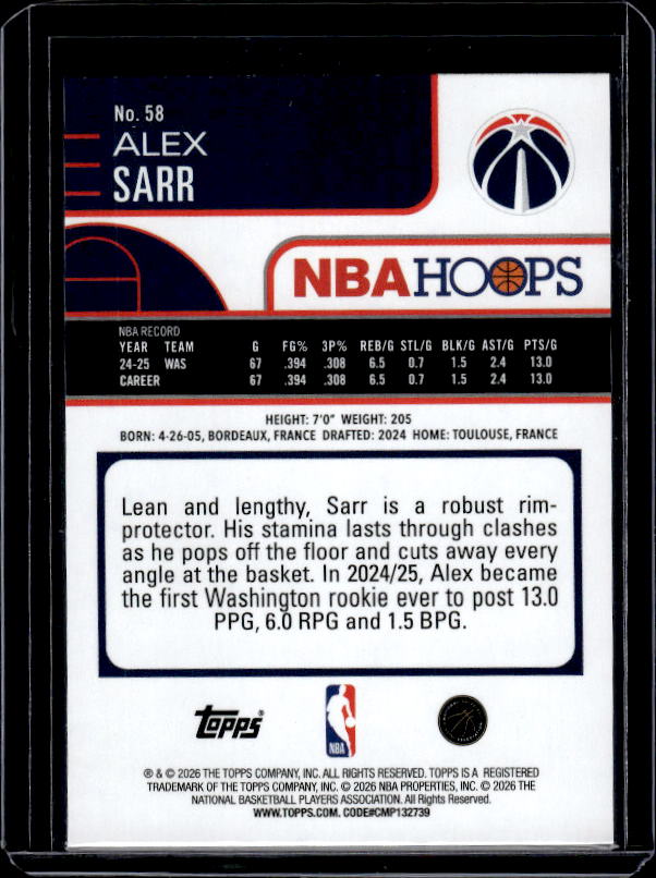 2025-26 Hoops #58 Alex Sarr Green Hoops