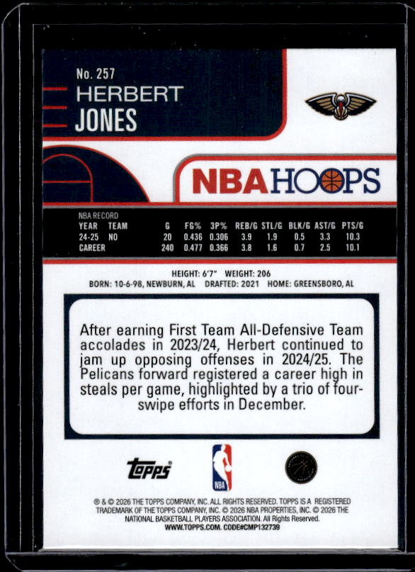 2025-26 Hoops #257 Herbert Jones Green Hoops