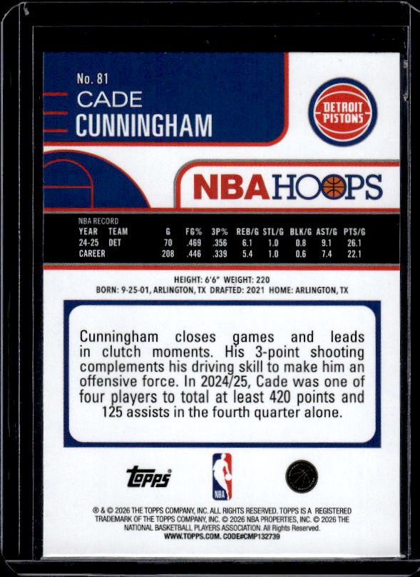 2025-26 Hoops #81 Cade Cunningham Rainbow