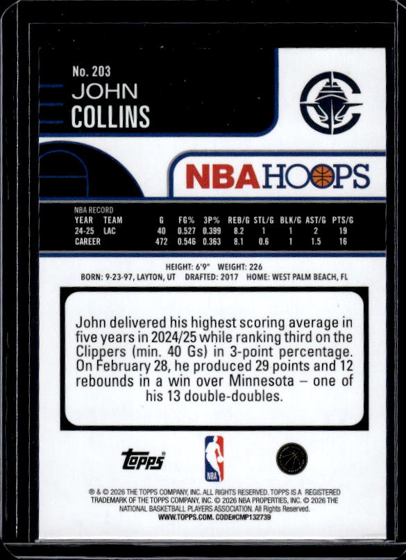 2025-26 Hoops #203 John Collins Orange Hoops