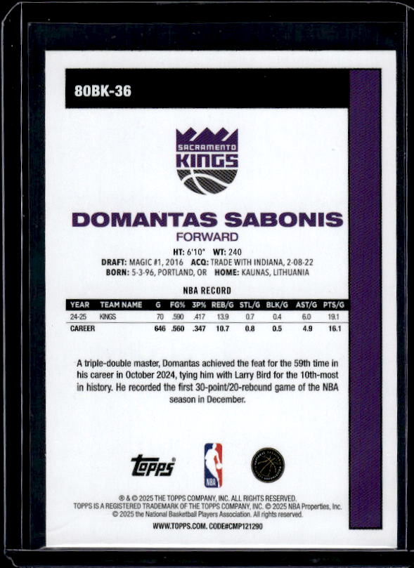 2025-26 Topps #80BK-36 Domantas Sabonis 1980-81 Topps Basketball