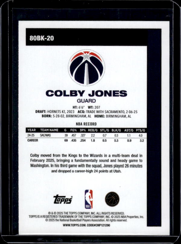 2025-26 Topps #80BK-20 Colby Jones 1980-81 Topps Basketball