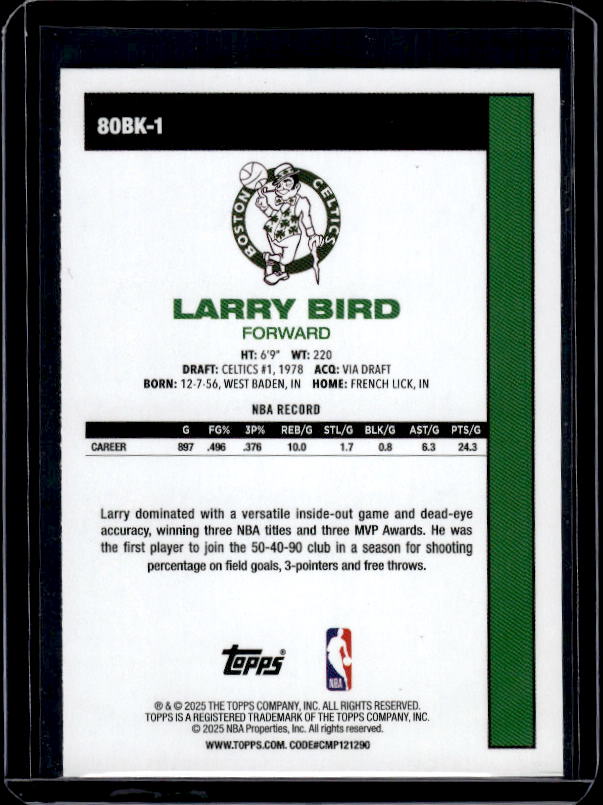 2025-26 Topps #80BK-1 Larry Bird 1980-81 Topps Basketball