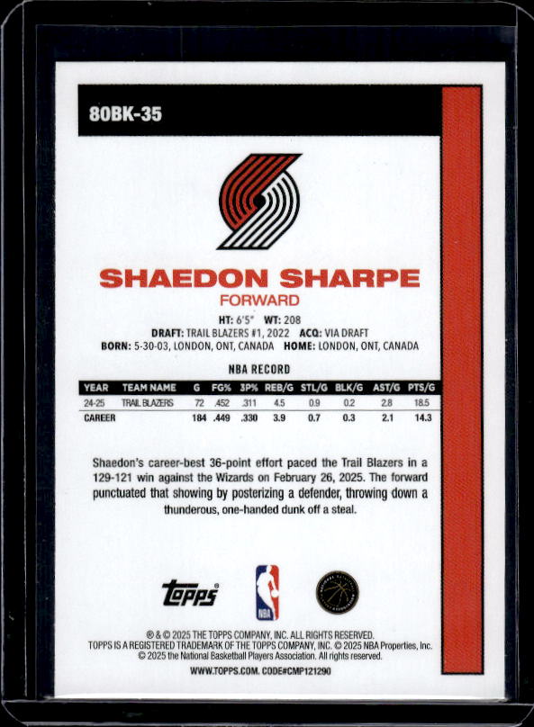 2025-26 Topps #80BK-35 Shaedon Sharpe 1980-81 Topps Basketball