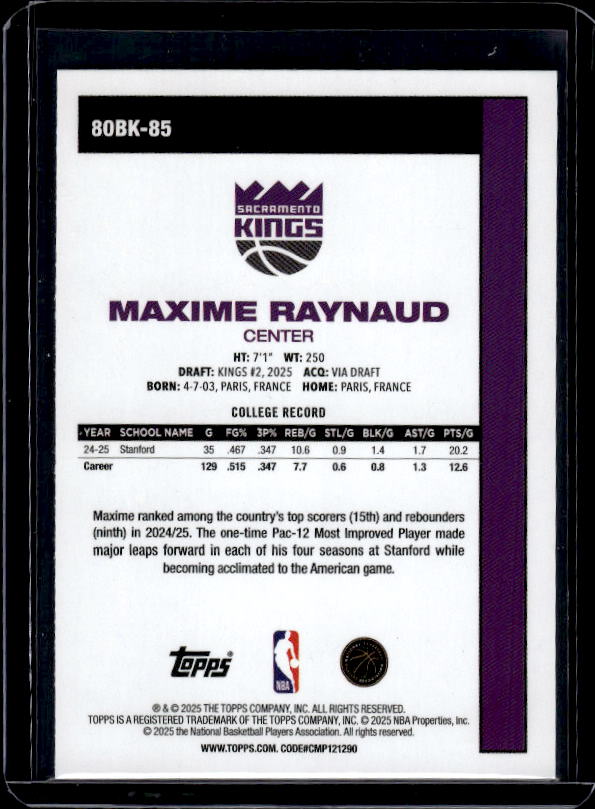 2025-26 Topps #80BK-85 Maxime Raynaud 1980-81 Topps Basketball