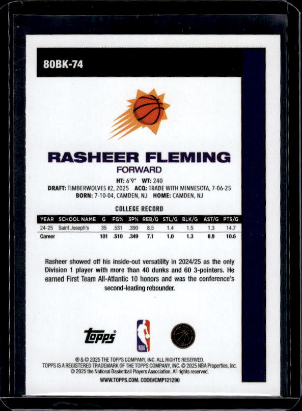 2025-26 Topps #80BK-74 Rasheer Fleming 1980-81 Topps Basketball