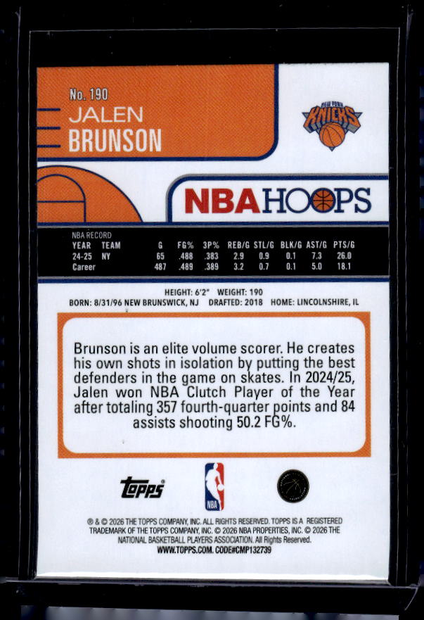 2025-26 Hoops #190 Jalen Brunson Orange Hoops