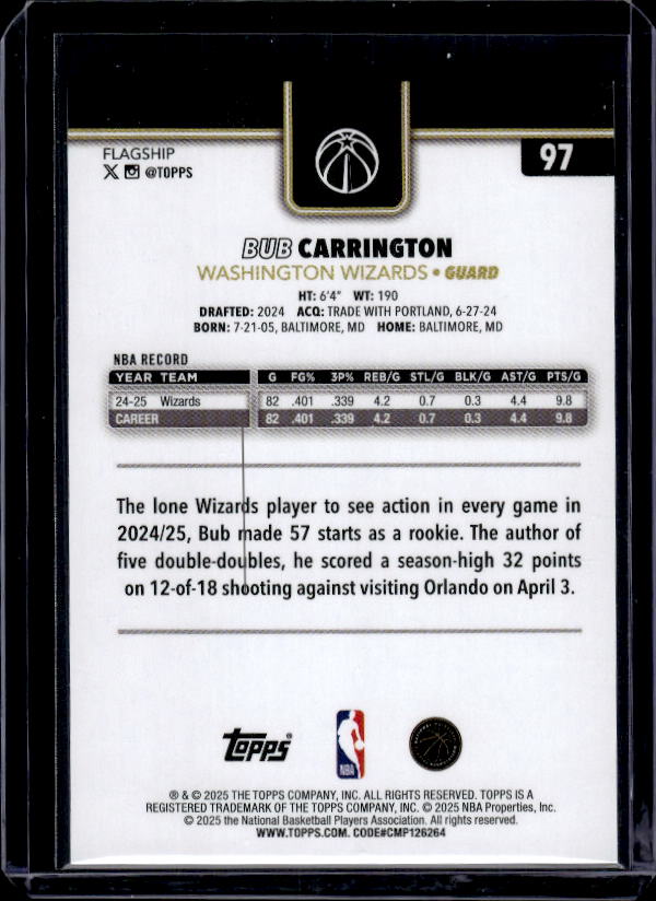 2025-26 Topps #97 Bub Carrington Blackout