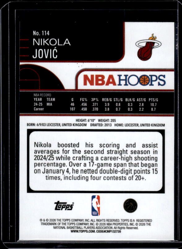 2025-26 Hoops #114 Nikola Jovic Orange Hoops