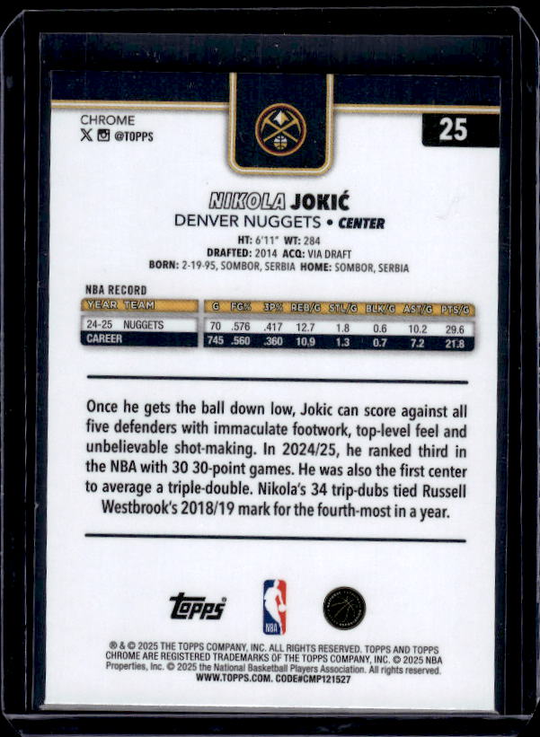 2025-26 Topps Chrome #25 Nikola Jokić Red White and Blue Refractor