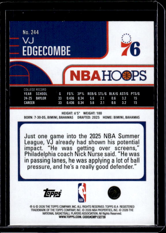 2025-26 Hoops #244 VJ Edgecombe