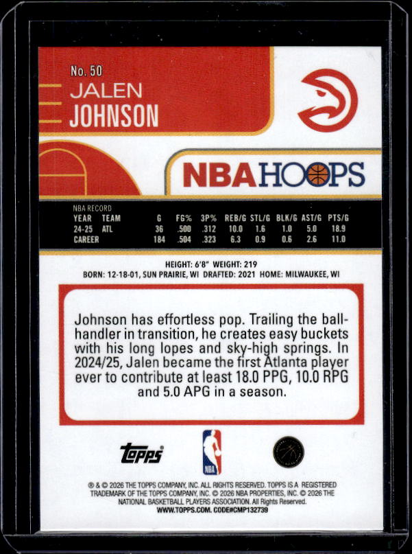 2025-26 Hoops #50 Jalen Johnson Light Burst