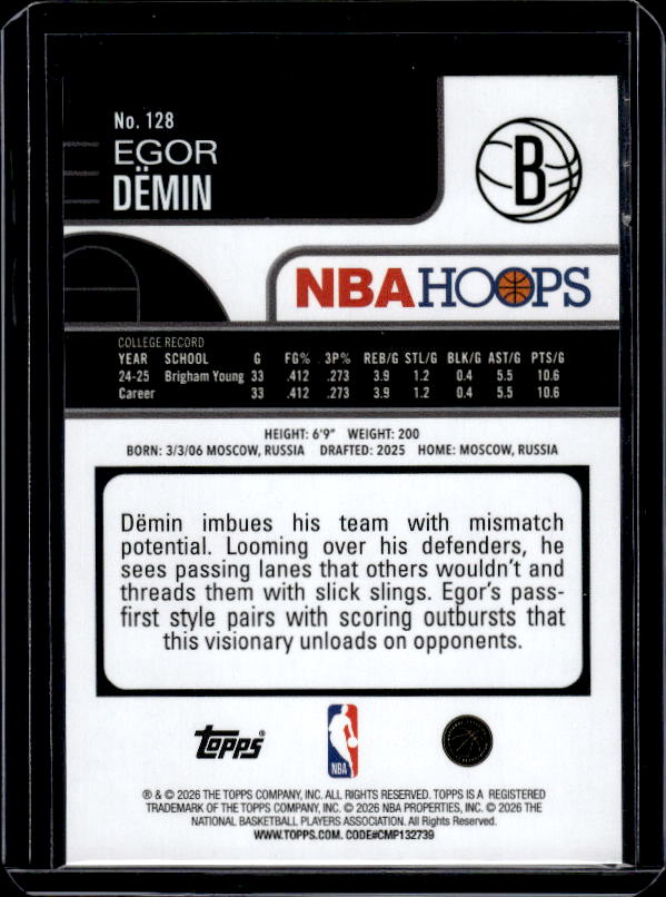 2025-26 Hoops #128 Egor Dёmin Green Hoops