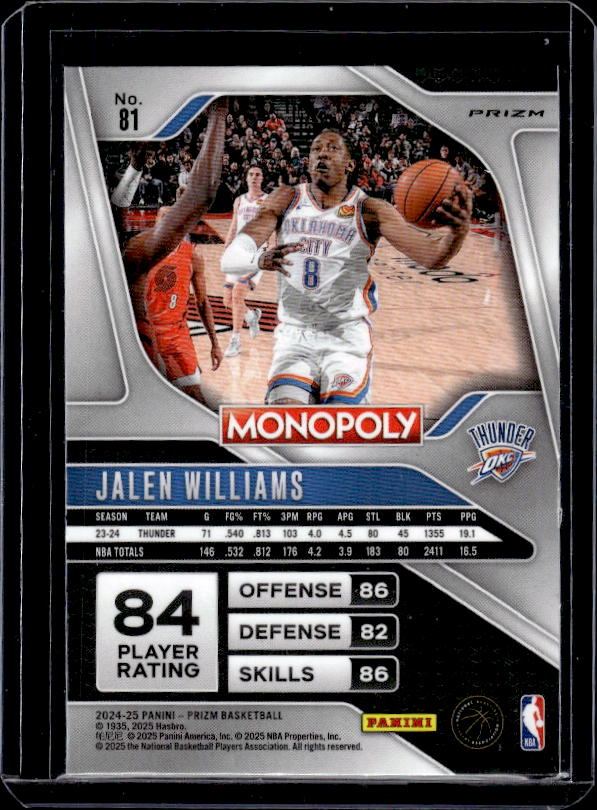2024-25 Panini Prizm Monopoly #81 Jalen Williams Red Prizms