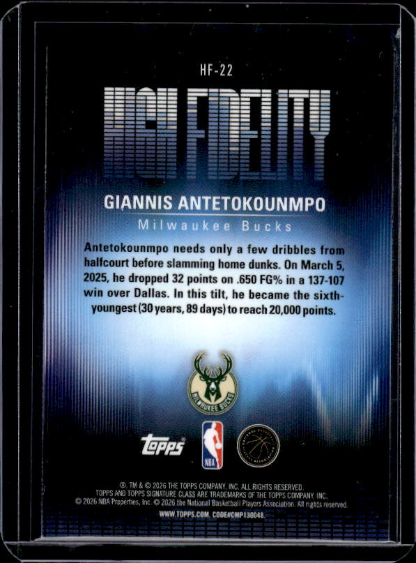 2025-26 Topps Signature Class #HF-22 Giannis Antetokounmpo High Fidelity