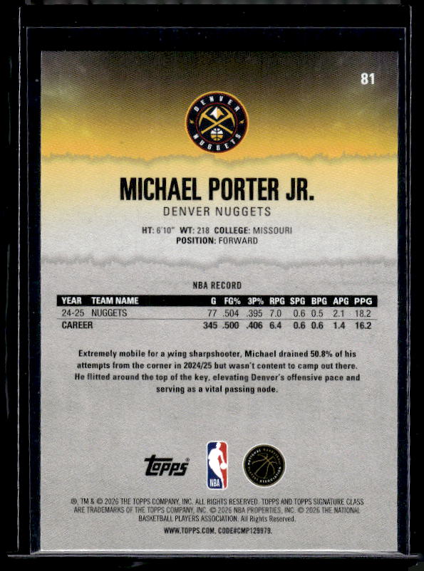 2025-26 Topps Signature Class #81 Michael Porter Jr. Bronze