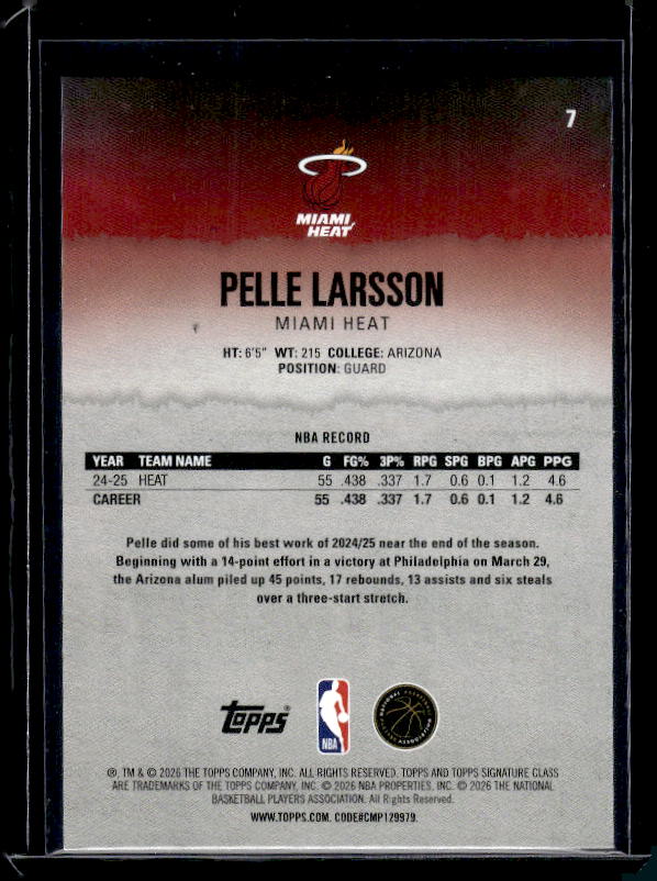 2025-26 Topps Signature Class #7 Pelle Larsson Bronze