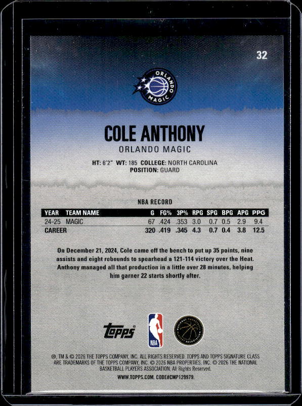 2025-26 Topps Signature Class #32 Cole Anthony Bronze