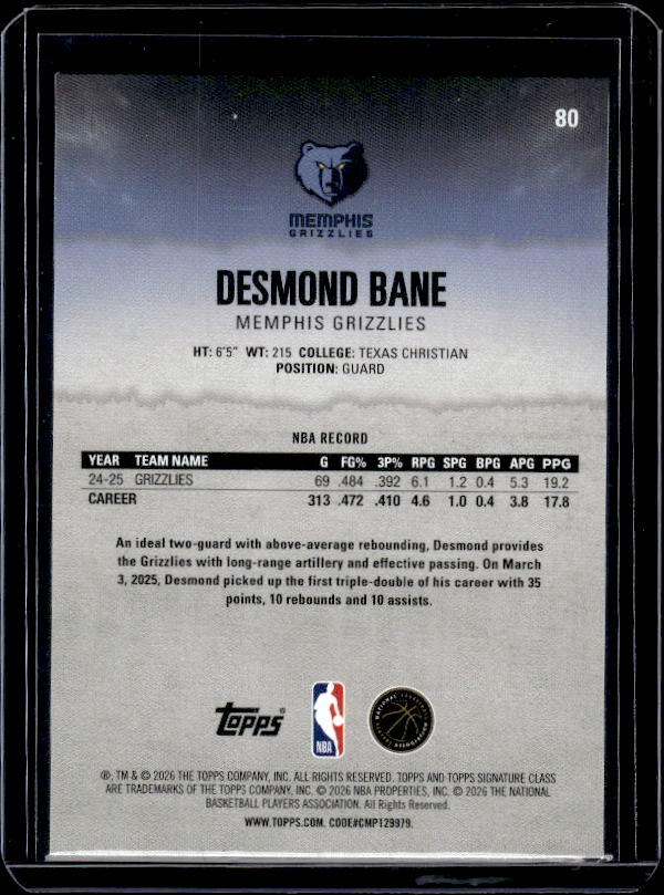 2025-26 Topps Signature Class #80 Desmond Bane Bronze