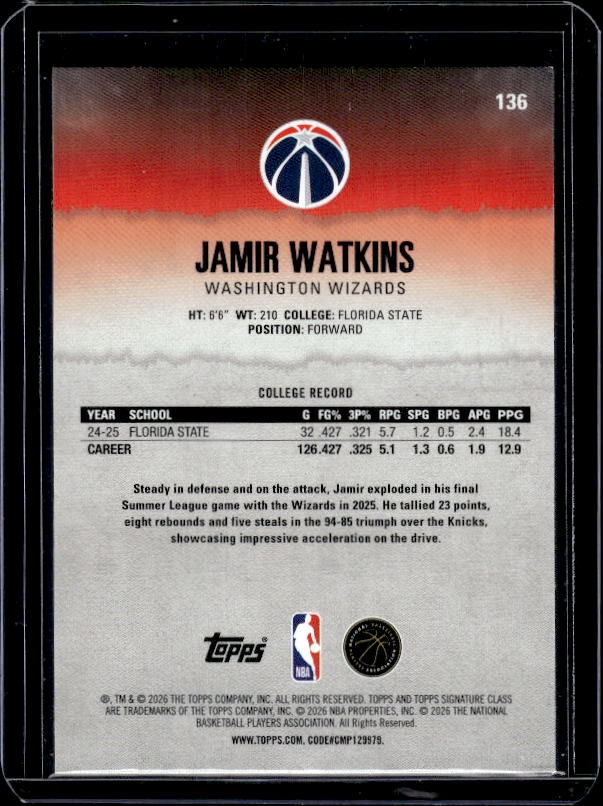 2025-26 Topps Signature Class #136 Jamir Watkins Bronze