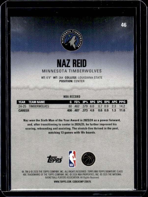 2025-26 Topps Signature Class #46 Naz Reid Bronze
