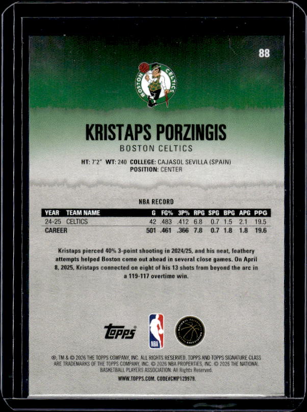 2025-26 Topps Signature Class #88 Kristaps Porzingis Bronze
