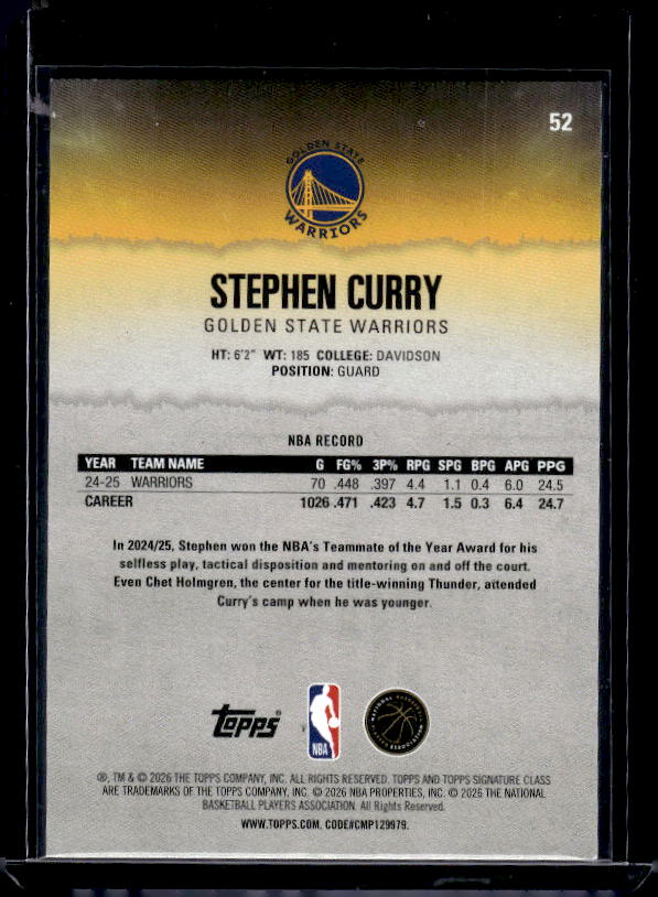 2025-26 Topps Signature Class #52 Stephen Curry Bronze