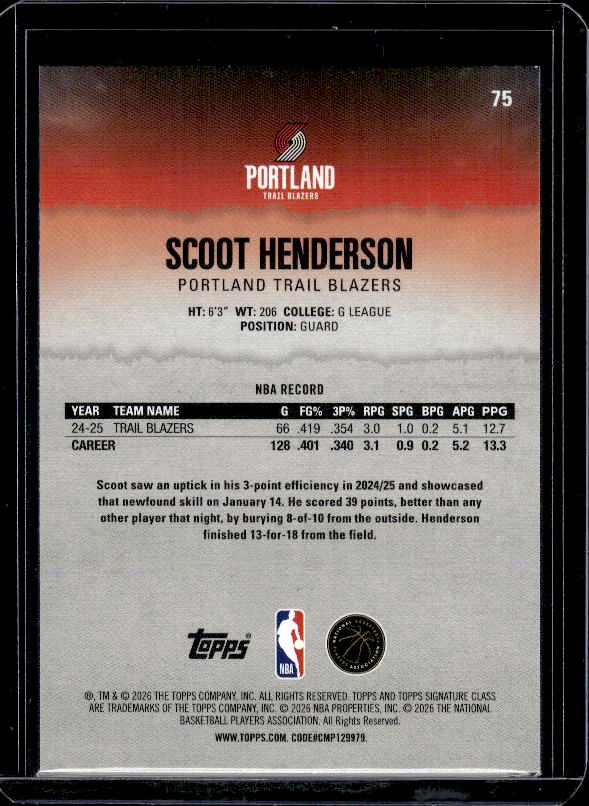 2025-26 Topps Signature Class #75 Scoot Henderson Bronze