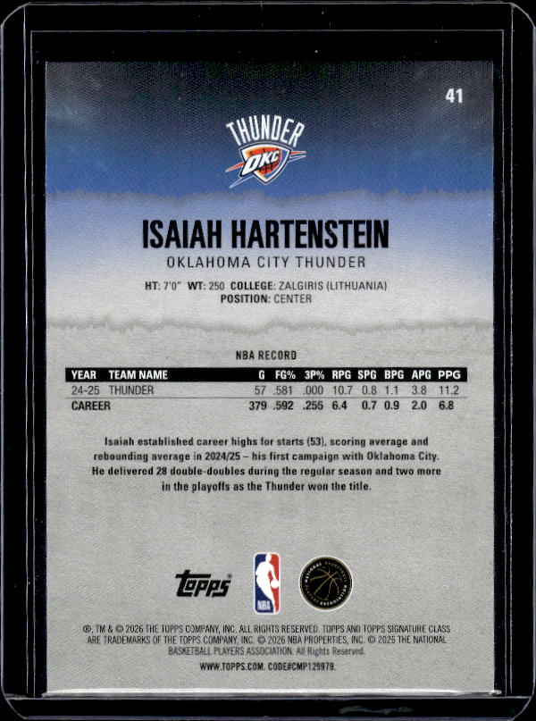 2025-26 Topps Signature Class #41 Isaiah Hartenstein Bronze