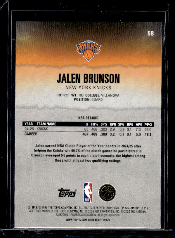 2025-26 Topps Signature Class #58 Jalen Brunson Blue & Orange