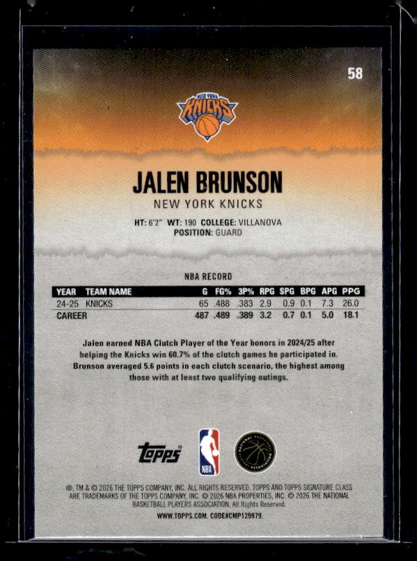 2025-26 Topps Signature Class #58 Jalen Brunson Blue & Orange