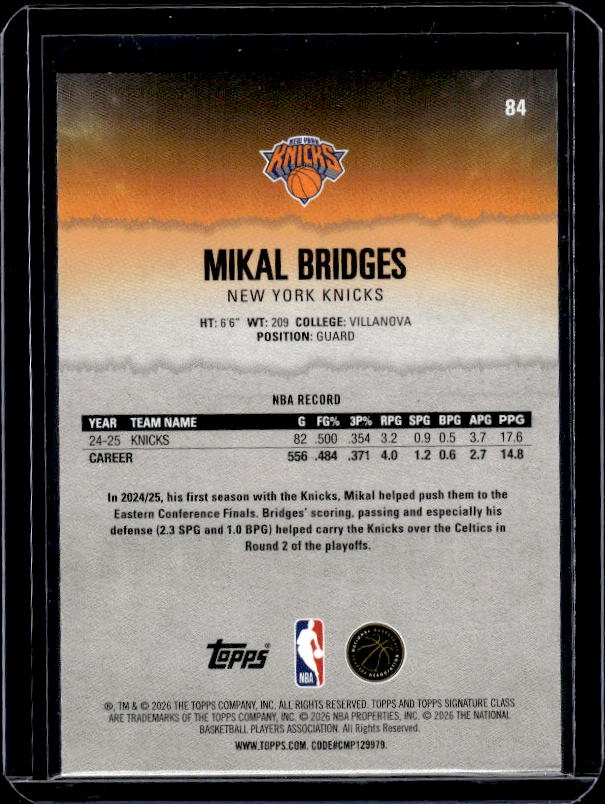 2025-26 Topps Signature Class #84 Mikal Bridges Blue & Orange