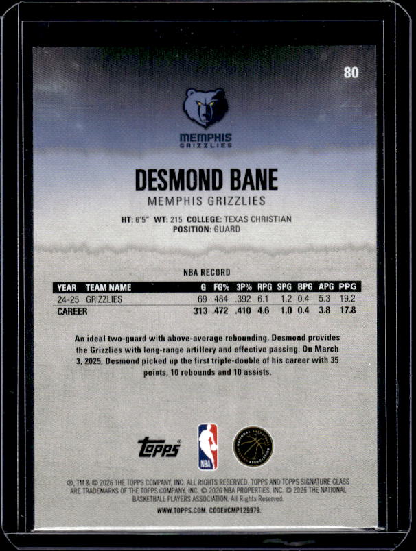 2025-26 Topps Signature Class #80 Desmond Bane Blue & Orange