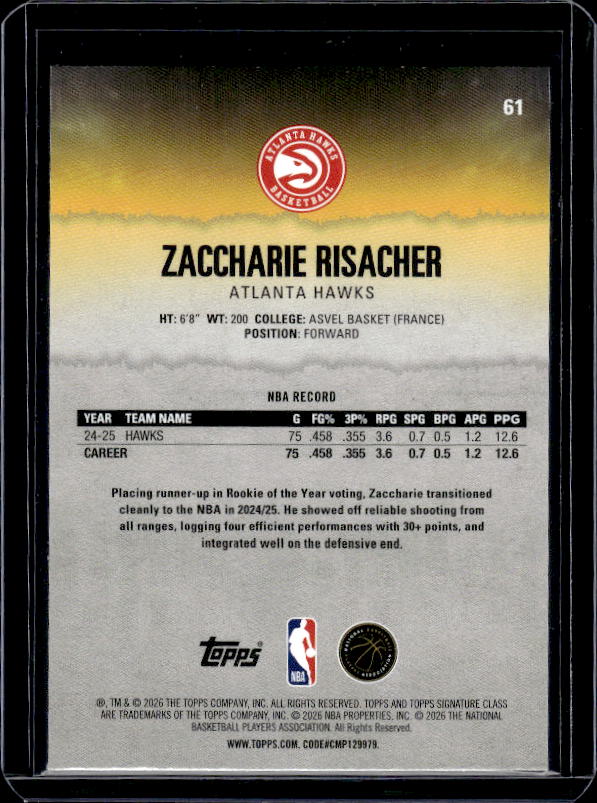 2025-26 Topps Signature Class #61 Zaccharie Risacher Blue & Orange