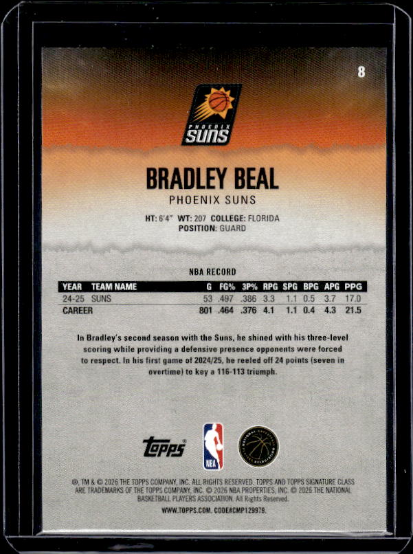 2025-26 Topps Signature Class #8 Bradley Beal Blue & Orange