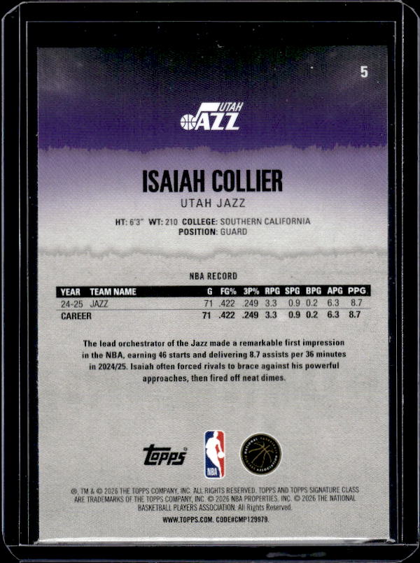 2025-26 Topps Signature Class #5 Isaiah Collier Blue & Orange