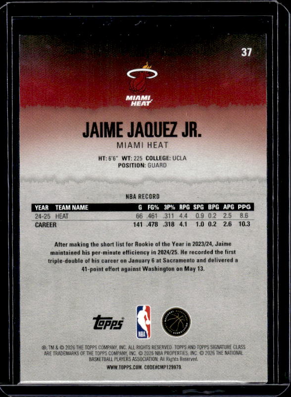 2025-26 Topps Signature Class #37 Jaime Jaquez Jr. Blue & Orange