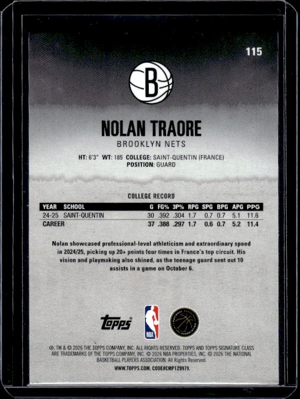 2025-26 Topps Signature Class #115 Nolan Traore Blue & Orange